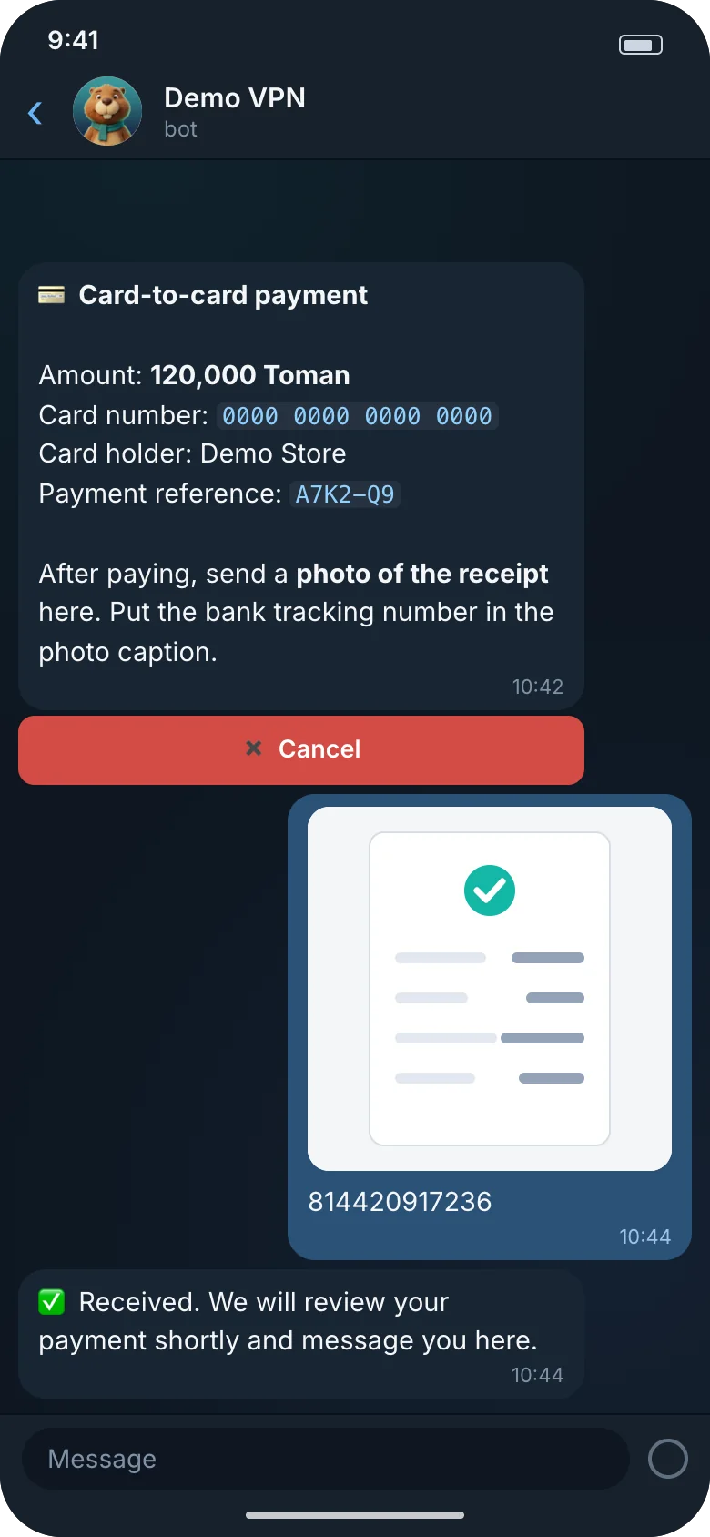 Illustration: card-to-card payment instructions and the receipt being sent