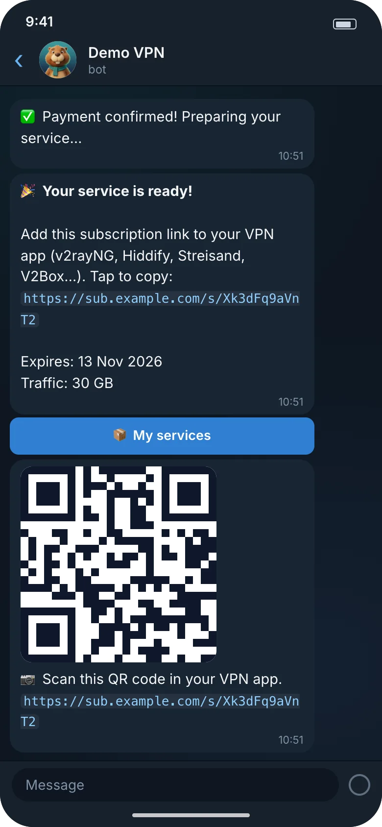 Illustration: the service delivered with its subscription link and a QR code