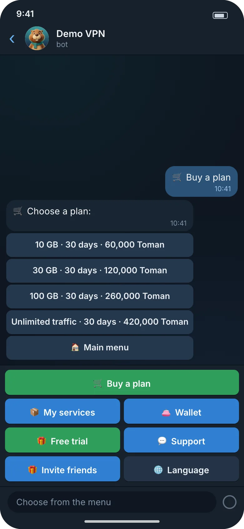 Illustration: the plan list with the price on each button