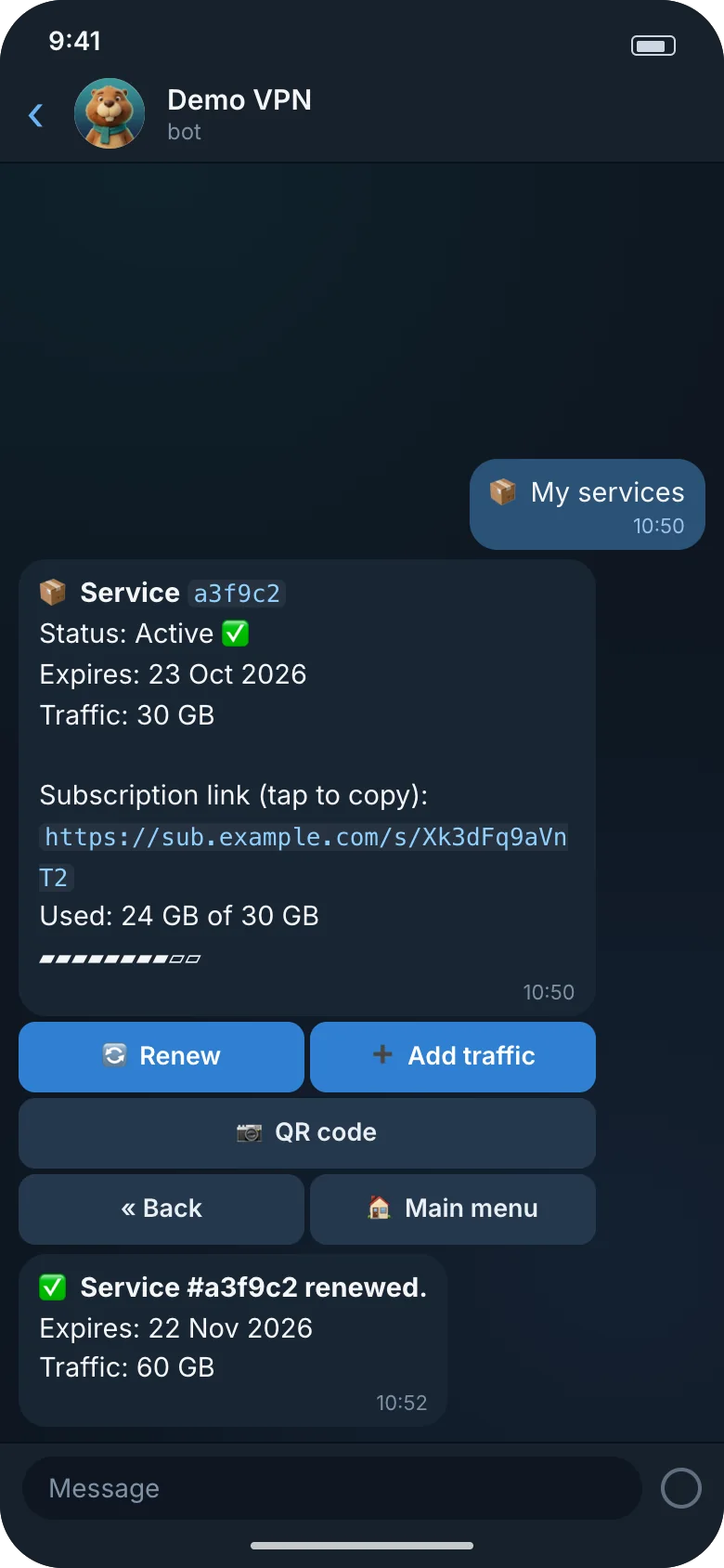 Illustration: a service with its usage bar and the Renew and Add traffic buttons