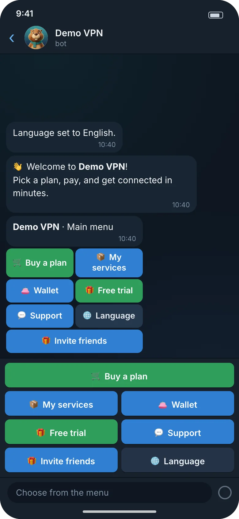Illustration: the bot's welcome with the bottom menu, its buttons green, blue and neutral