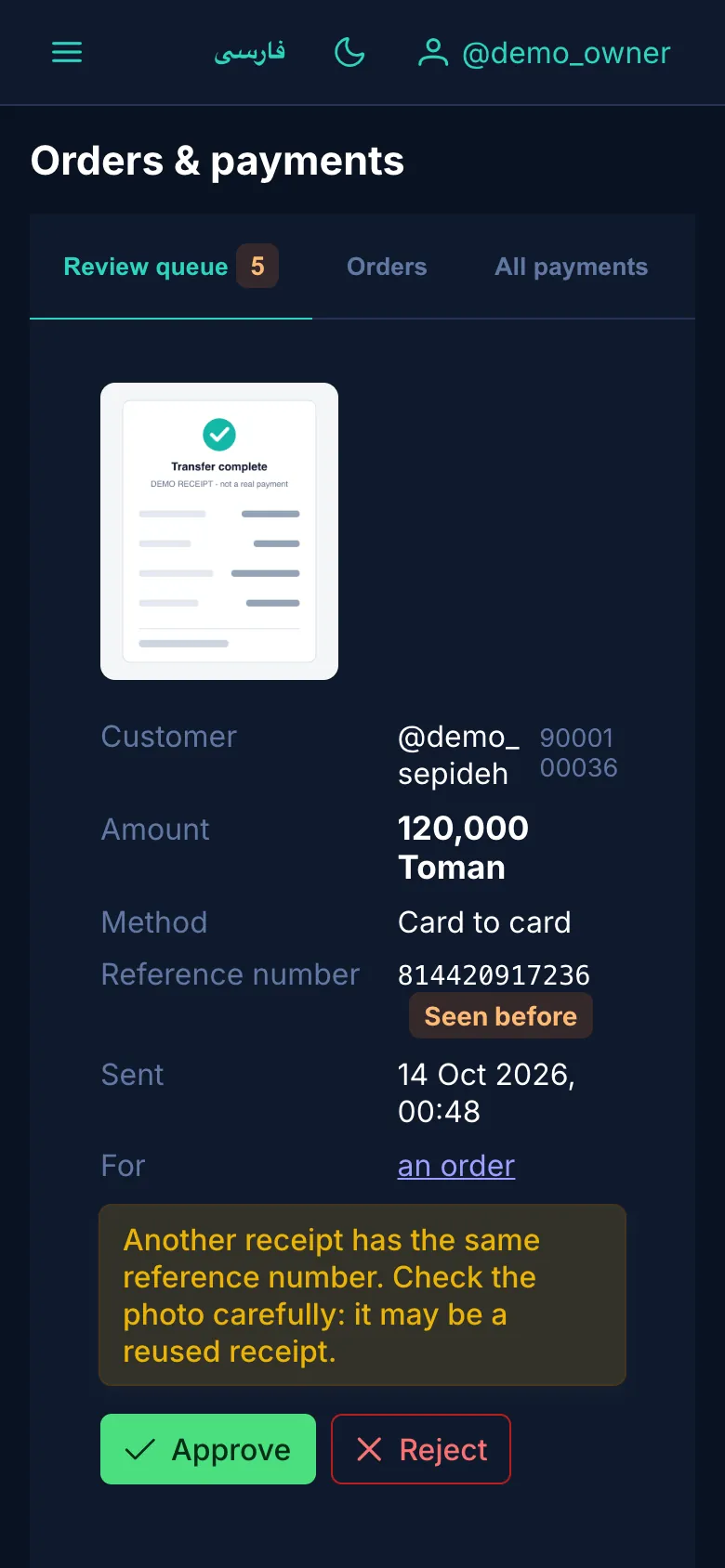 The payment review queue on a phone