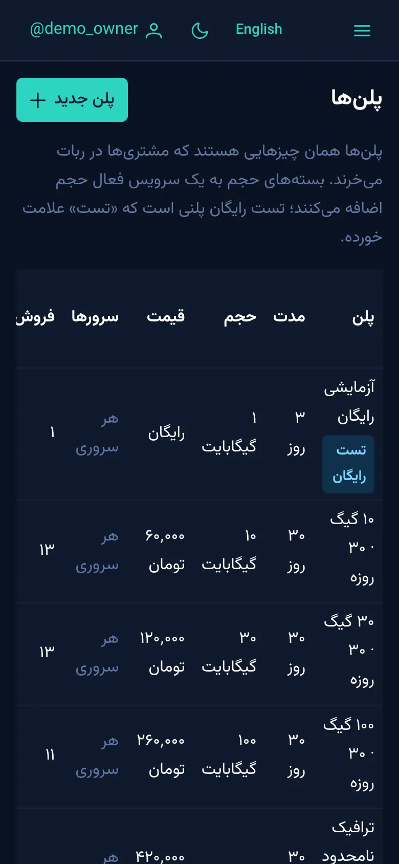 فهرست پلن‌ها روی موبایل